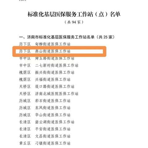 喜报！燕山街道医保工作站获评“济南市标准化基层医保服务工作站”