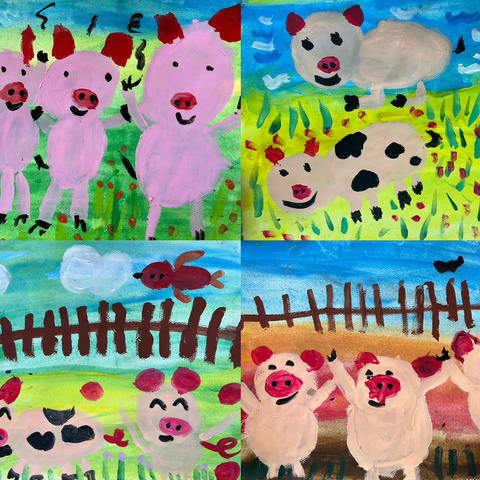 中班美术社团五月份活动内容：《小猪》《玫瑰花园》《甜甜的草莓》