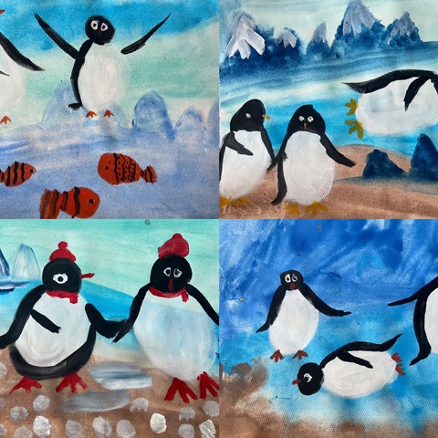 大班美术社团十二月份活动内容：《企鹅》《冬趣》《梅花》