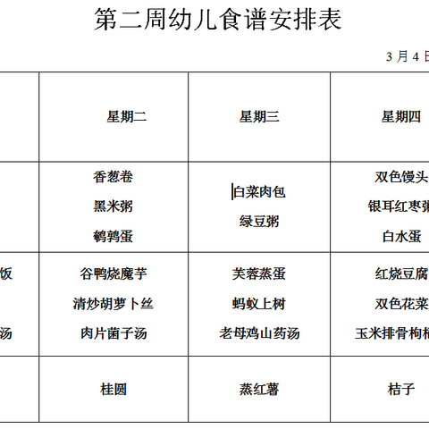 2024年春季第二周食谱（2024.3.4-3.8）