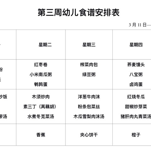 2024年春季第三周食谱（2024.3.11-3.15）