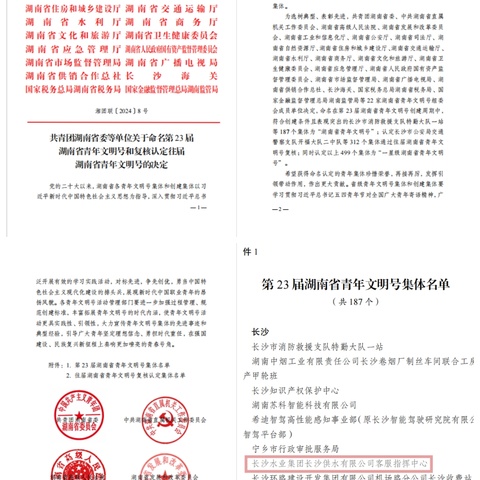 青春力量铸热线，供水服务暖民心 ——集团下属长沙供水有限公司客服指挥中心荣获第23届湖南省青年文明号