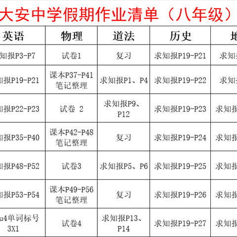 国庆假期  成长不停歇 ---大安中学(八年级)