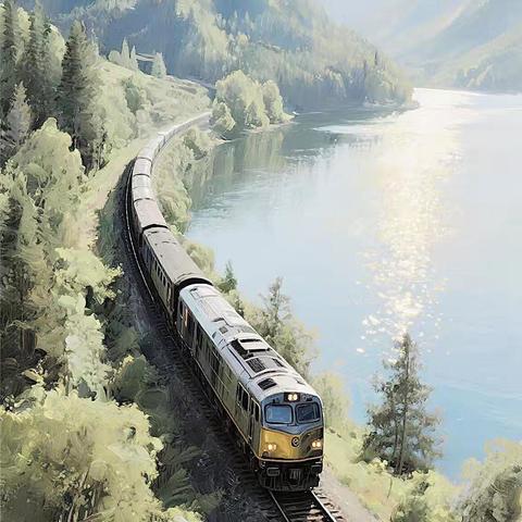 𝔸𝕀 绘画🎨列车、森林、湖泊